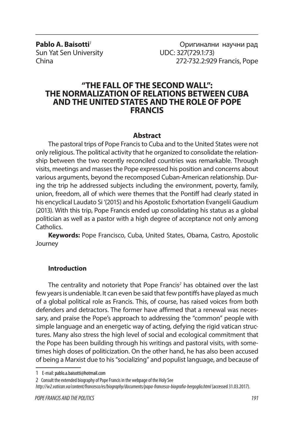 “The Fall of the Second Wall”: the Normalization of Relations Between Cuba and the United States and the Role of Pope Francis