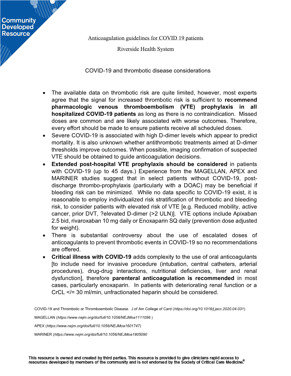 Anticoagulation Guidelines for COVID 19 Patients Riverside Health System