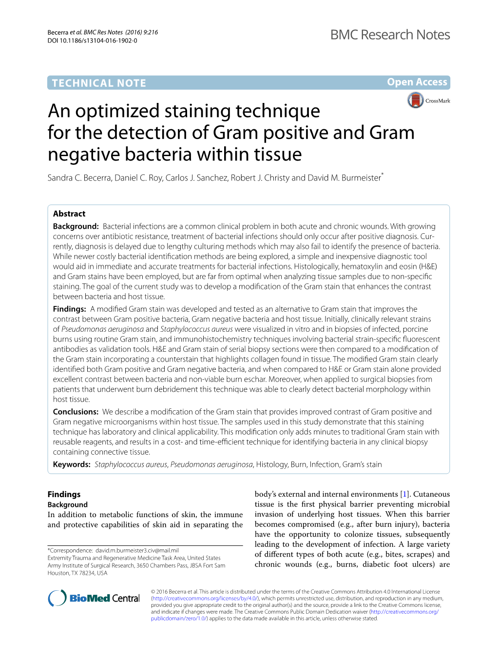 An Optimized Staining Technique for the Detection of Gram Positive and Gram Negative Bacteria Within Tissue Sandra C