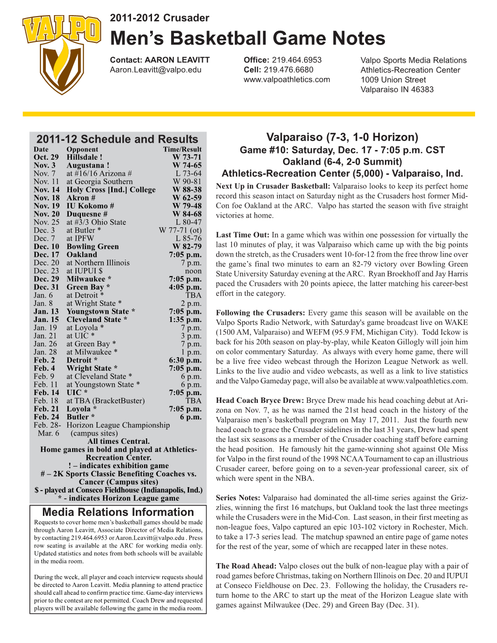 Men's Basketball Game Notes