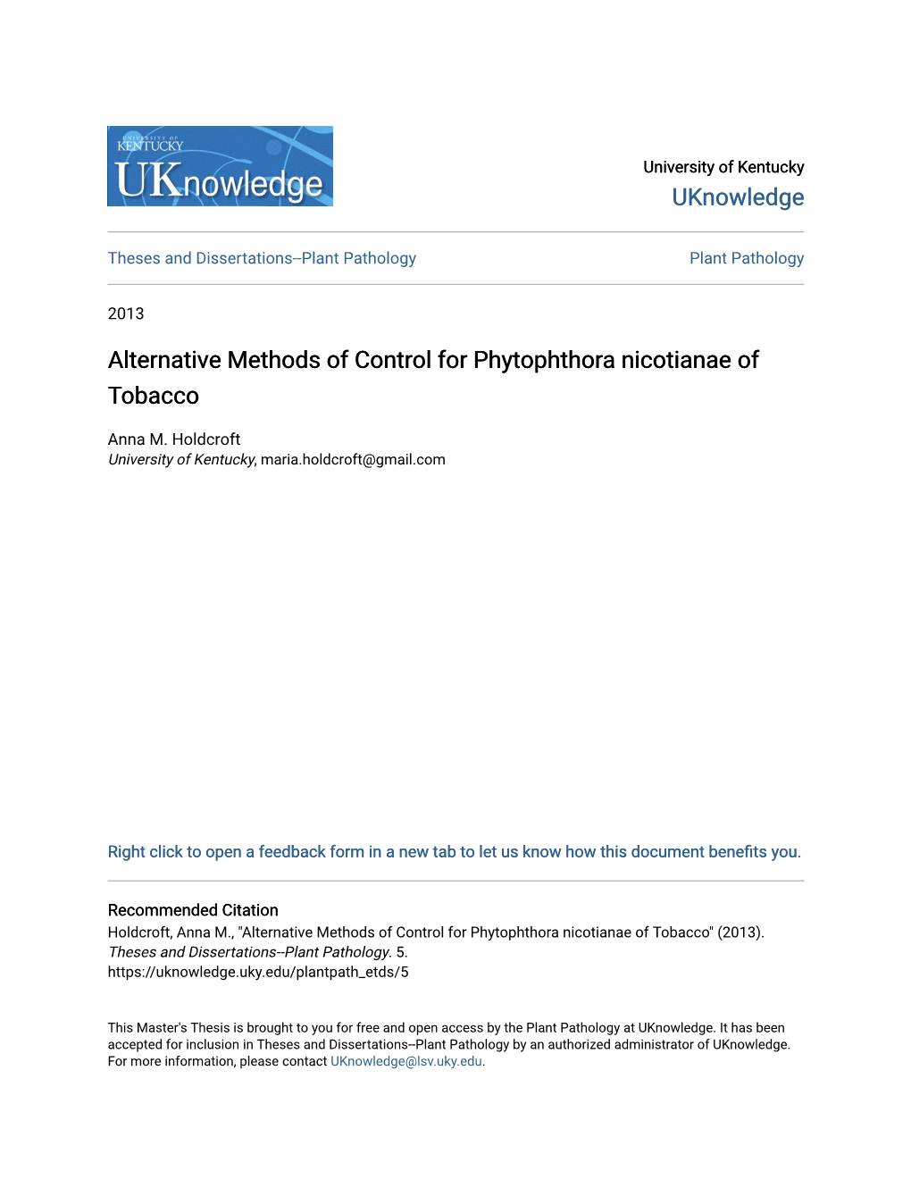 Alternative Methods of Control for Phytophthora Nicotianae of Tobacco