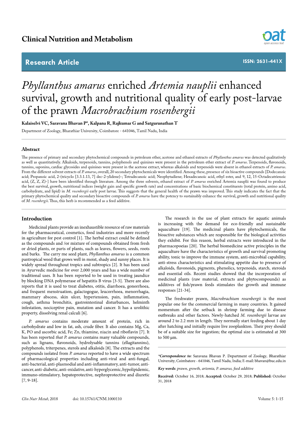 Phyllanthus Amarus Enriched Artemia Nauplii Enhanced Survival, Growth