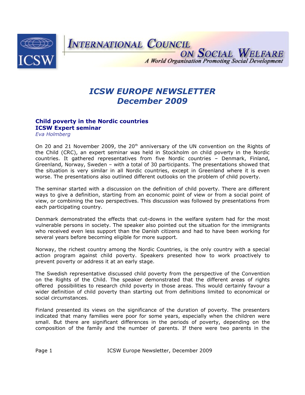 ICSW EUROPE NEWSLETTER December 2009 Child Poverty in the Nordic Countries