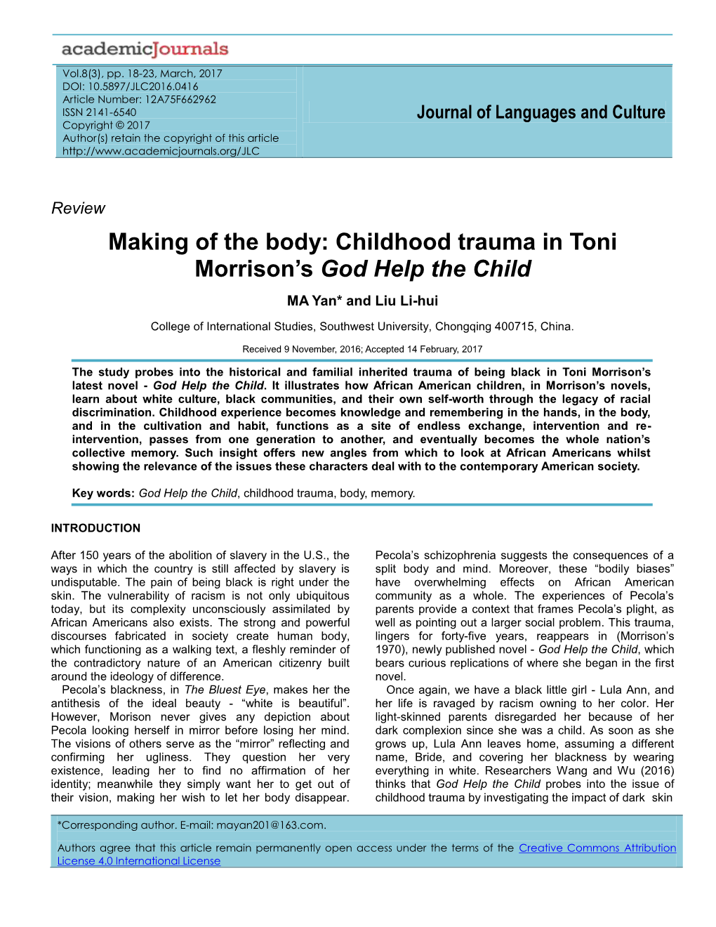 Making of the Body: Childhood Trauma in Toni Morrison's God Help the Child