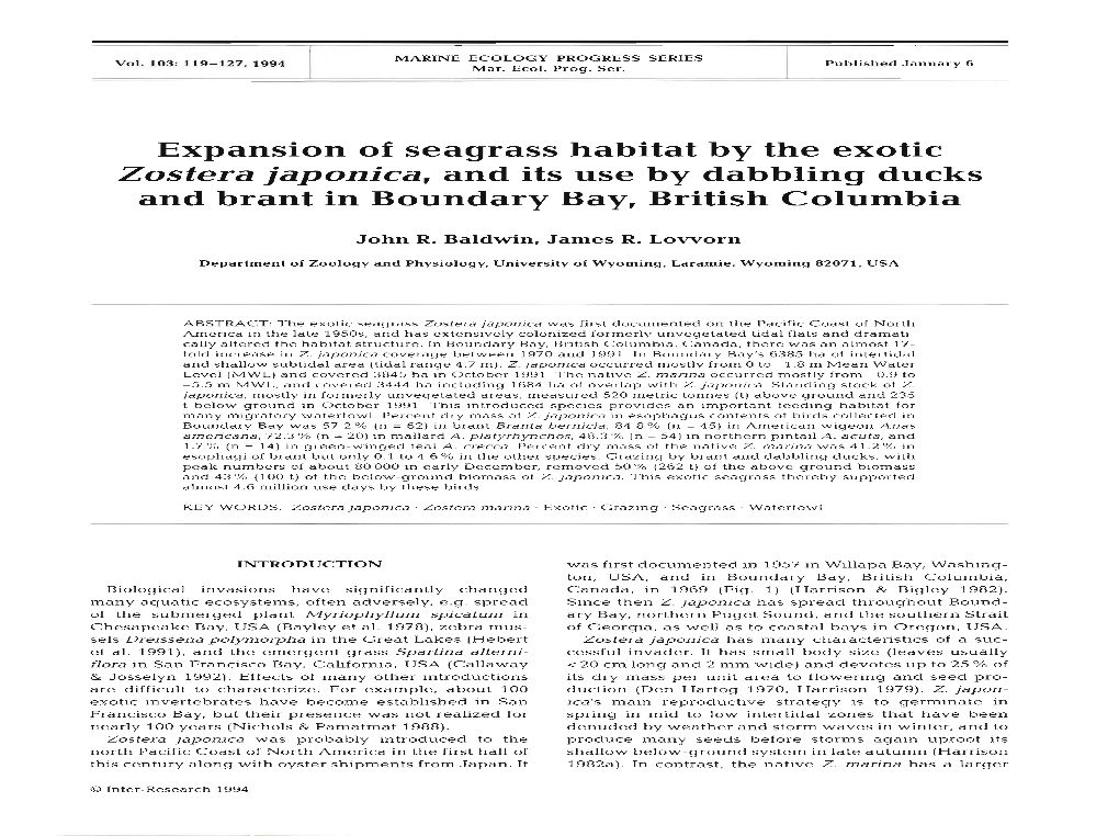 Expansion of Seagrass Habitat by the Exotic Zostera Japonica, and Its Use by Dabbling Ducks and Brant in Boundary Bay, British Columbia