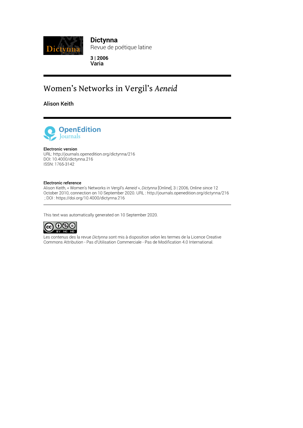 Dictynna, 3 | 2006 Women’S Networks in Vergil’S Aeneid 2