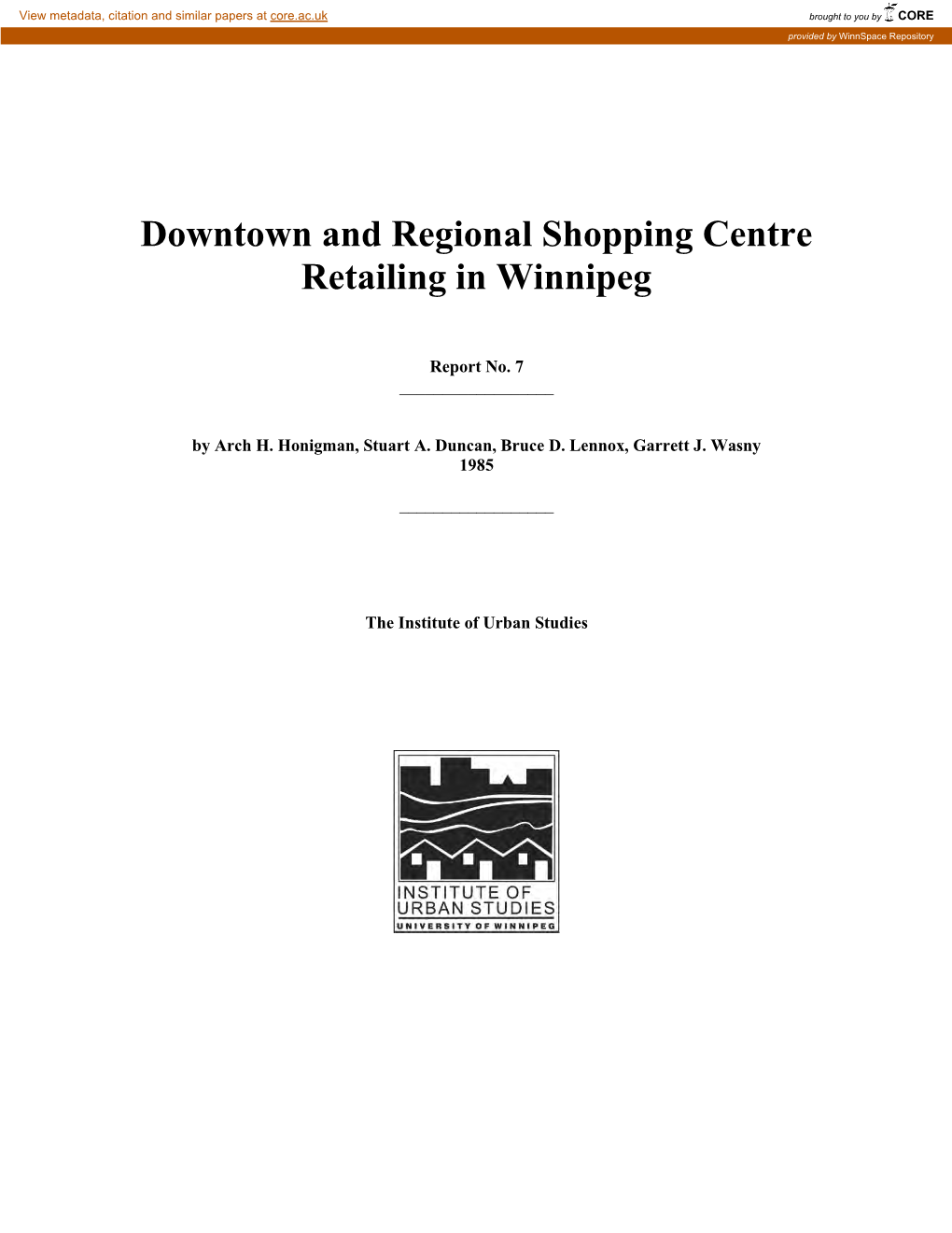 Downtown and Regional Shopping Centre Retailing in Winnipeg