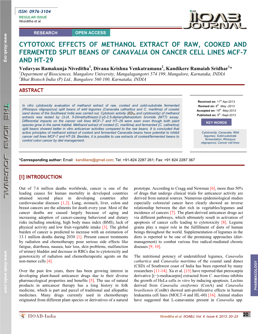 Cytotoxic Effects of Methanol Extract of Raw, Cooked and Fermented Split Beans of Canavalia on Cancer Cell Lines Mcf-7