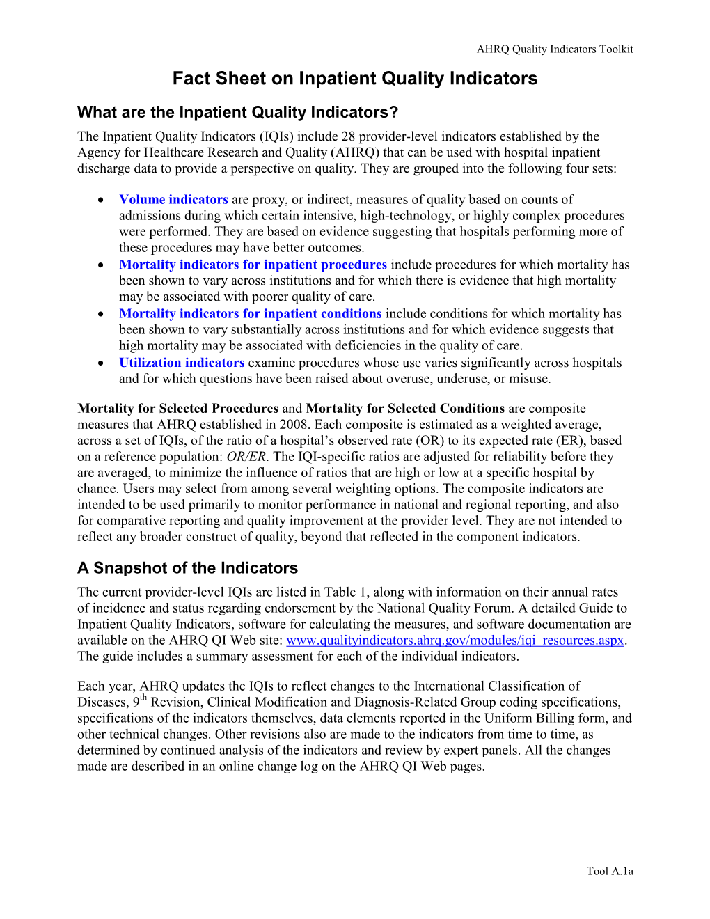 AHRQ Quality Indicators Fact Sheet