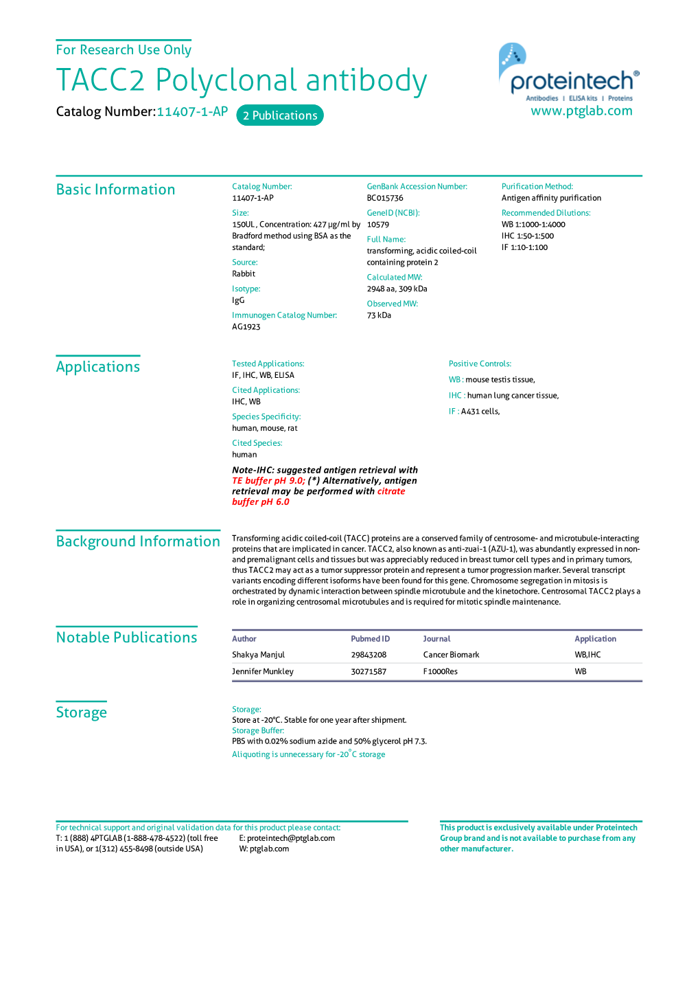 TACC2 Polyclonal Antibody Catalog Number:11407-1-AP 2 Publications