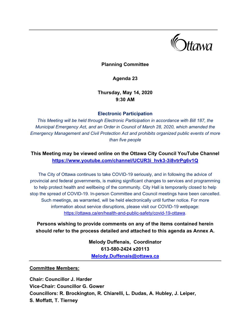 City of Ottawa Planning Committee Agenda