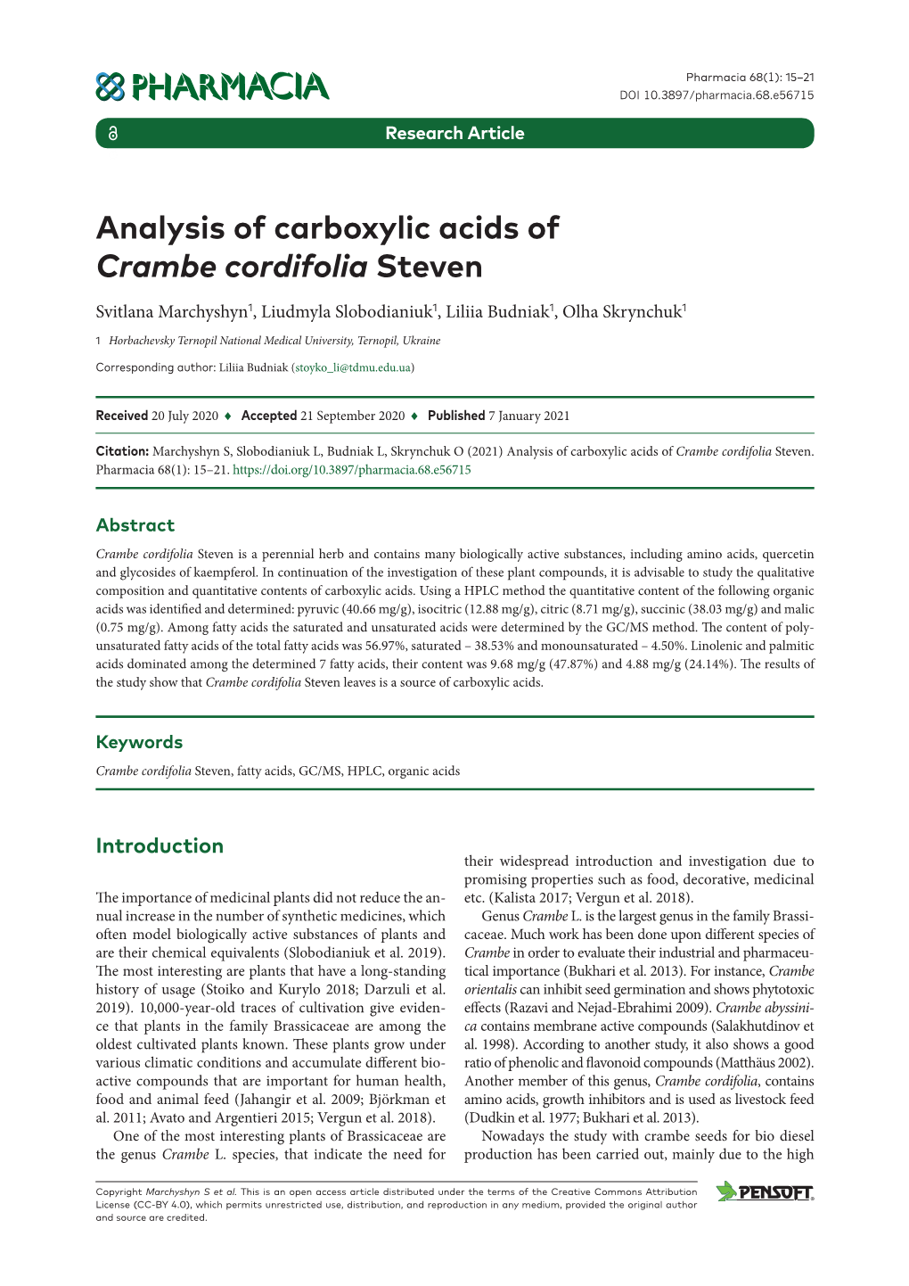 ﻿Analysis of Carboxylic Acids of Crambe Cordifolia Steven