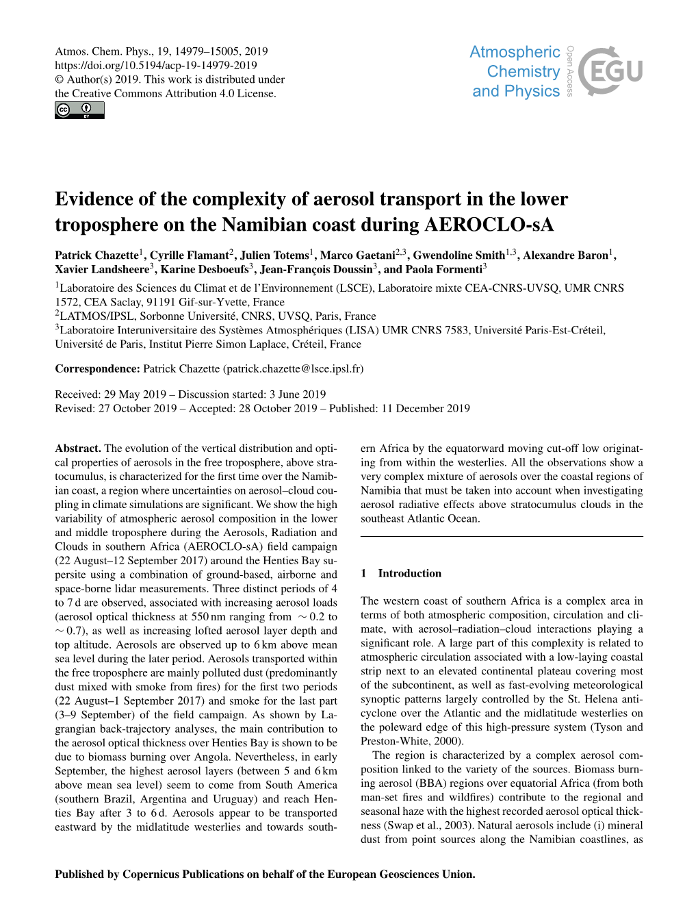 Evidence of the Complexity of Aerosol Transport in the Lower Troposphere on the Namibian Coast During AEROCLO-Sa