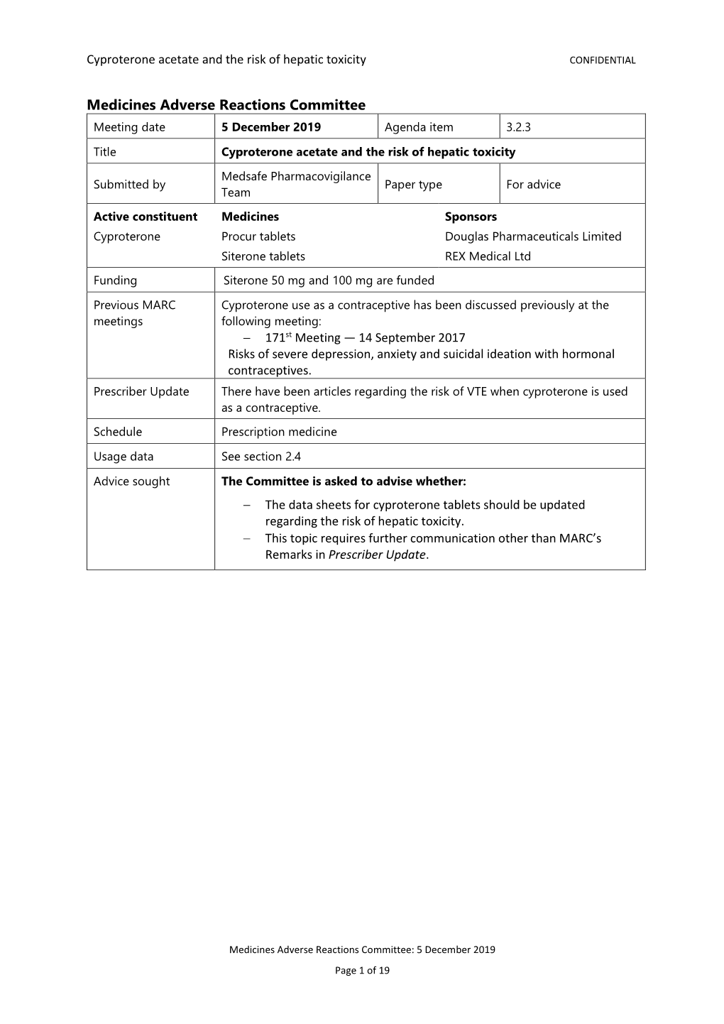 Cyproterone Acetate and the Risk of Hepatic Toxicity CONFIDENTIAL