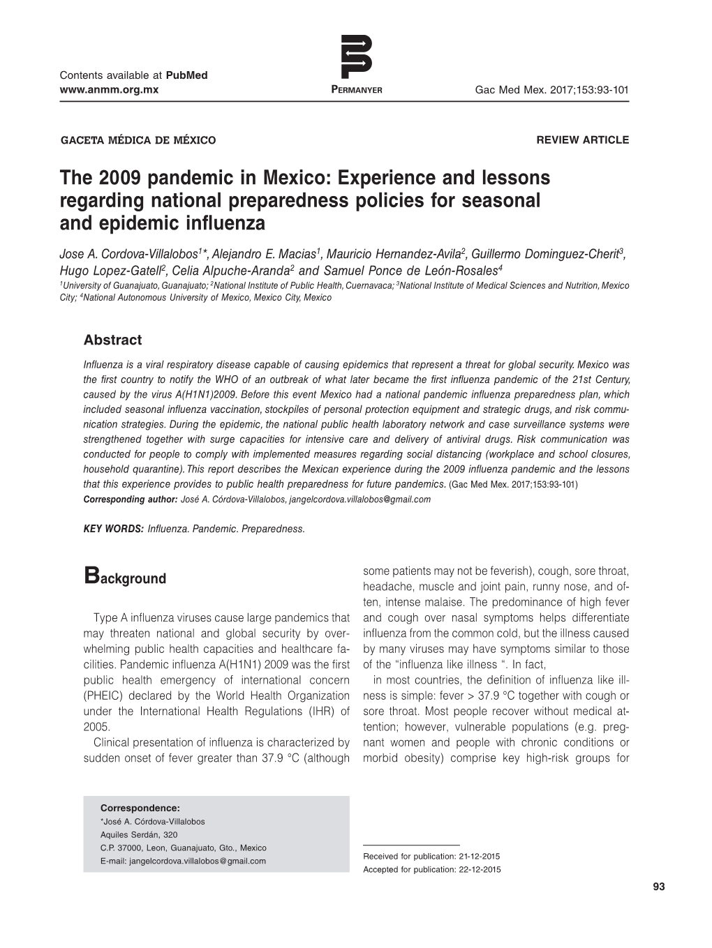 The 2009 Pandemic in Mexico: Experience and Lessons Regarding National Preparedness Policies for Seasonal and Epidemic Influenza