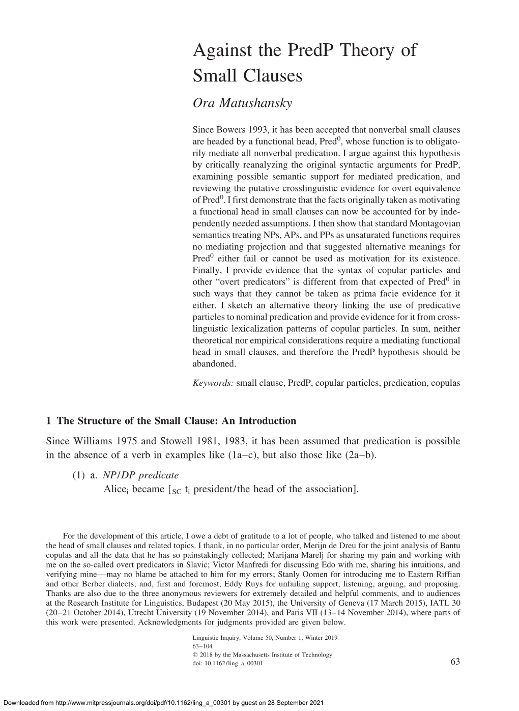 Against the Predp Theory of Small Clauses Ora Matushansky