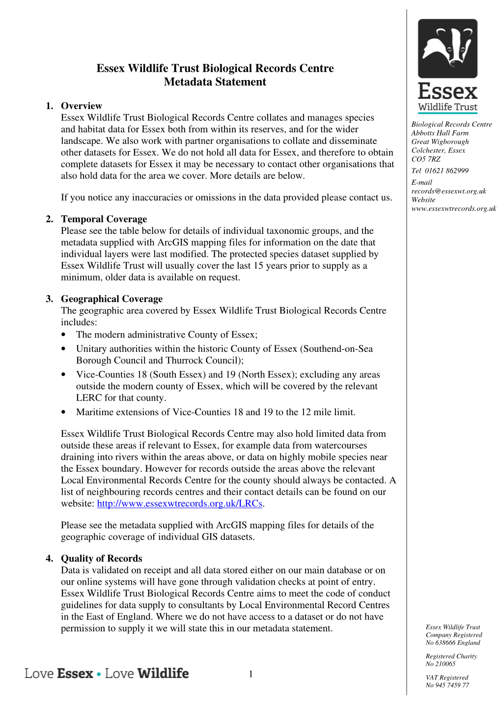 Essex Wildlife Trust Biological Records Centre Metadata Statement