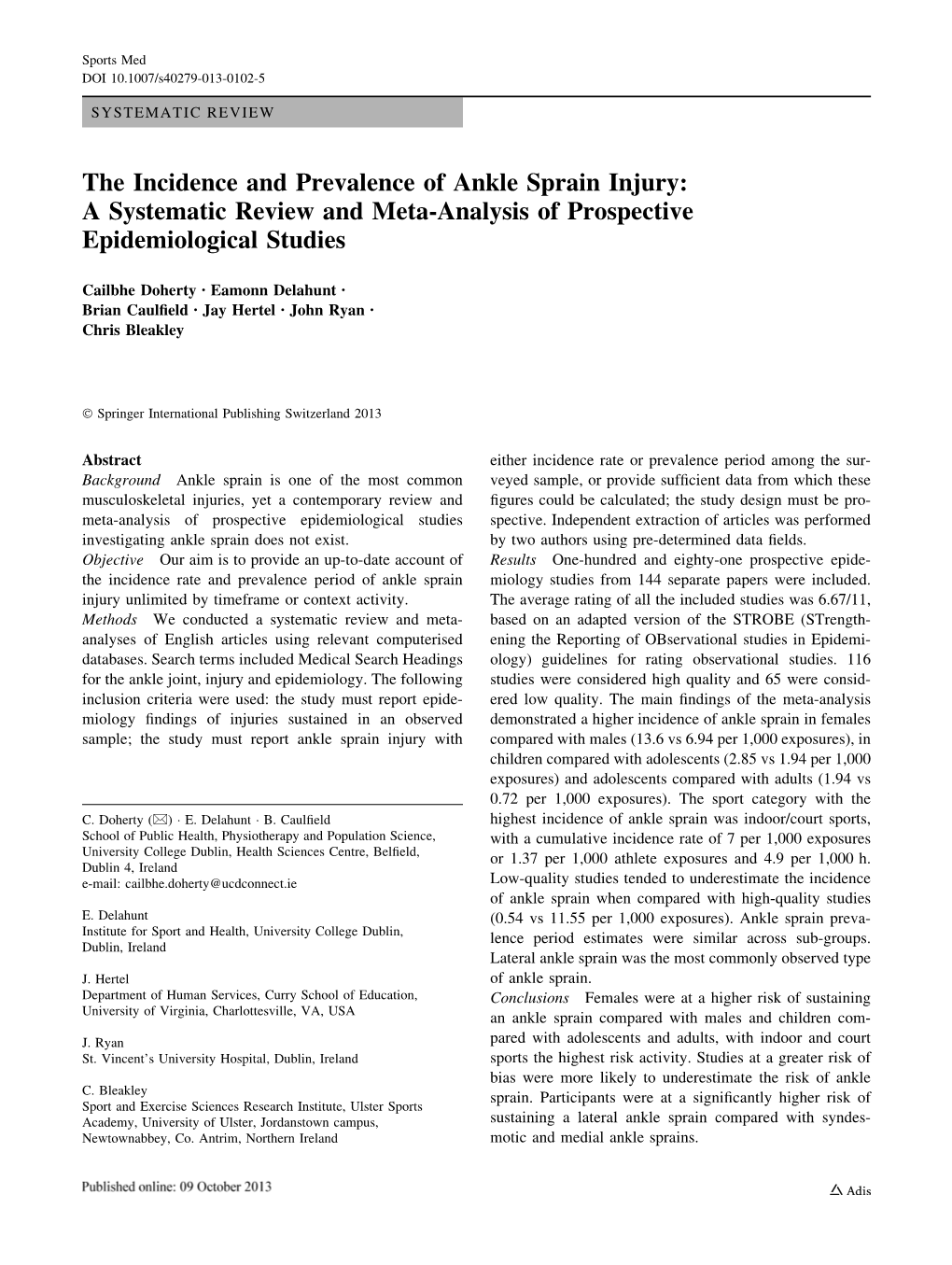 The Incidence and Prevalence of Ankle Sprain Injury: a Systematic Review and Meta-Analysis of Prospective Epidemiological Studies