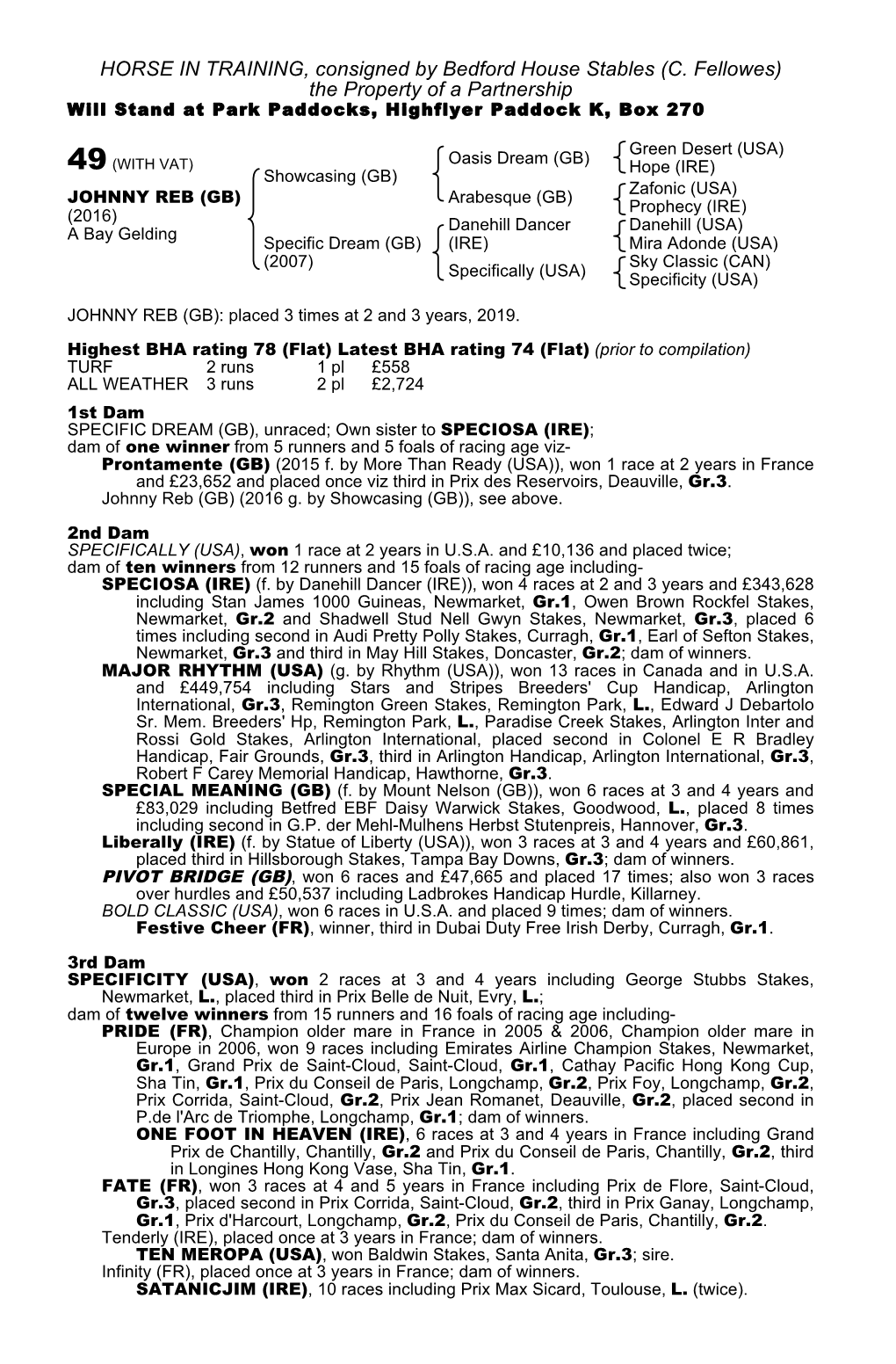 HORSE in TRAINING, Consigned by Bedford House Stables (C. Fellowes) the Property of a Partnership Will Stand at Park Paddocks, Highflyer Paddock K, Box 270