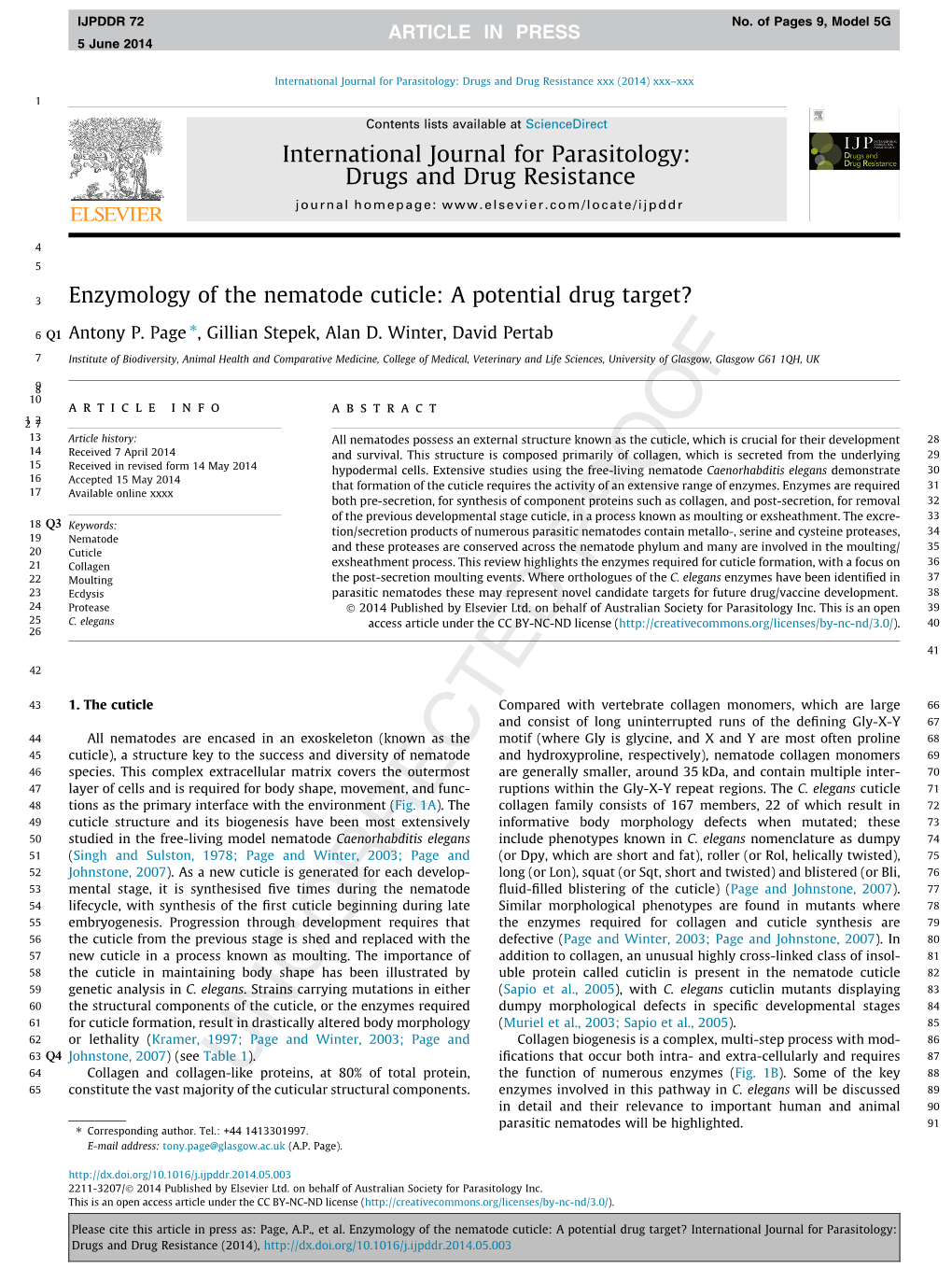 Enzymology of the Nematode Cuticle: a Potential Drug Target? ⇑ 6 Q1 Antony P