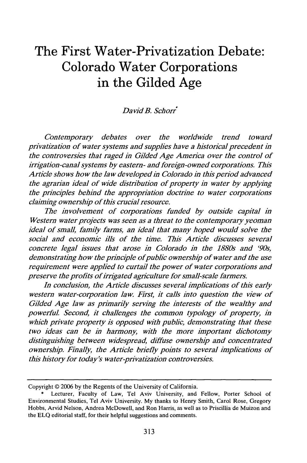 The First Water-Privatization Debate: Colorado Water Corporations in the Gilded Age