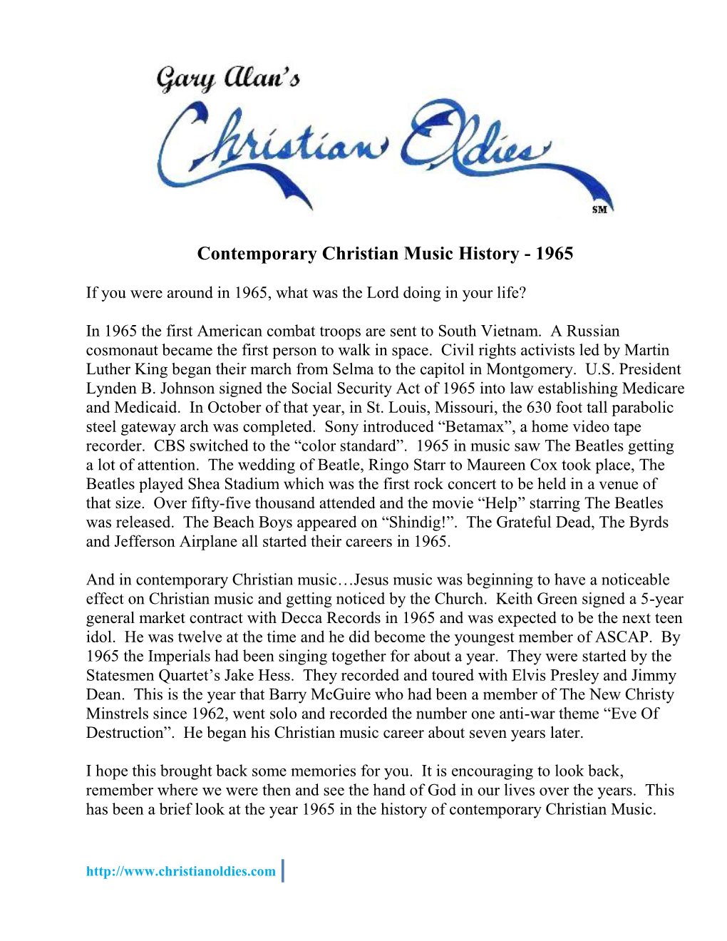 Contemporary Christian Music History - 1965