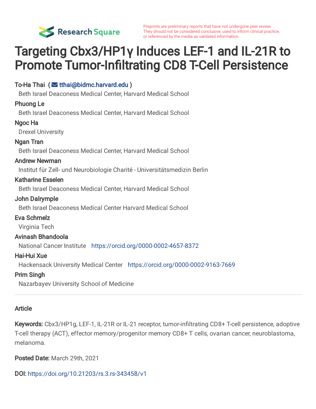 Targeting Cbx3/Hp1γ Induces LEF-1 and IL-21R to Promote Tumor-In�Ltrating CD8 T-Cell Persistence