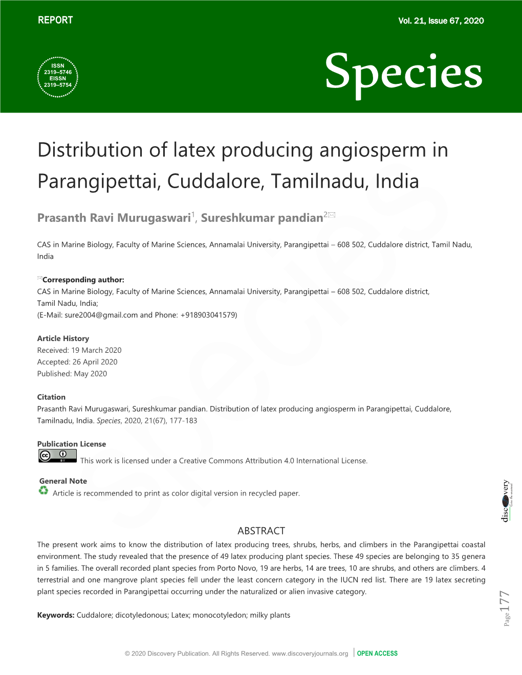 Distribution of Latex Producing Angiosperm in Parangipettai, Cuddalore, Tamilnadu, India