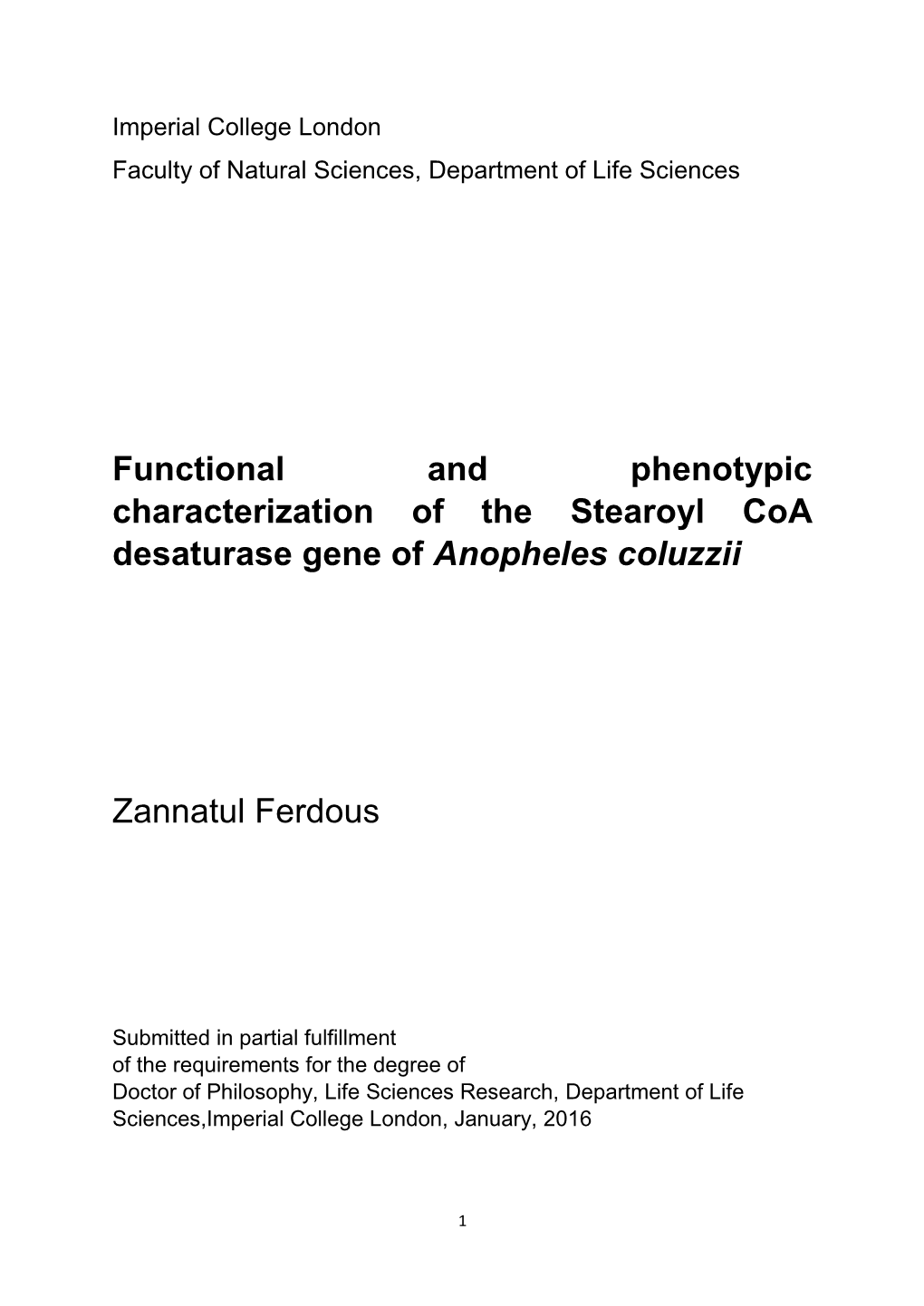 Functional and Phenotypic Characterization of the Stearoyl Coa Desaturase Gene of Anopheles Coluzzii