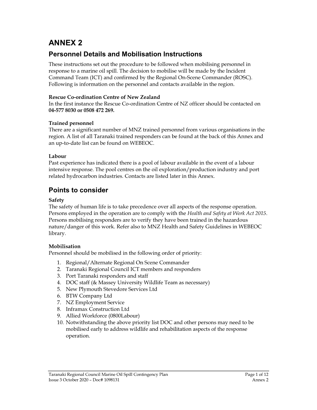 Marine Oil Spill Contingency Plan Page 1 of 12 Issue 3 October 2020 – Doc# 1098131 Annex 2