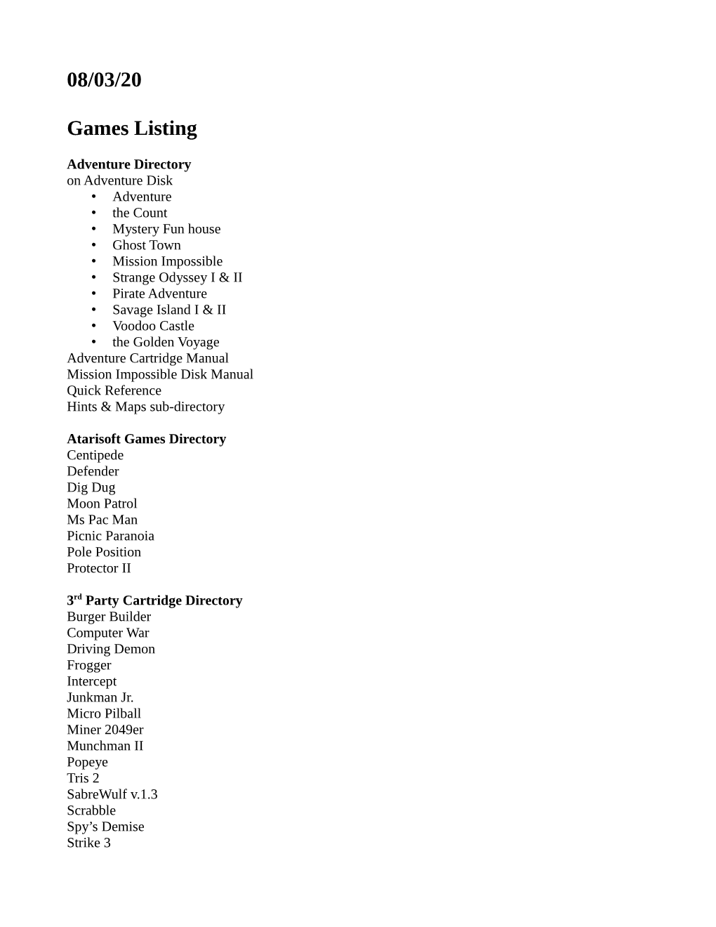 08/03/20 Games Listing