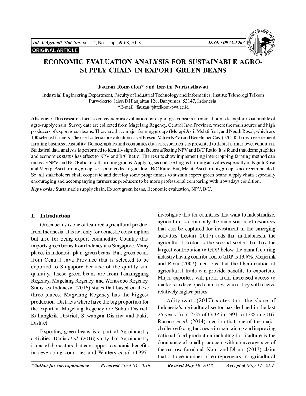 Economic Evaluation Analysis for Sustainable Agro- Supply Chain in Export Green Beans