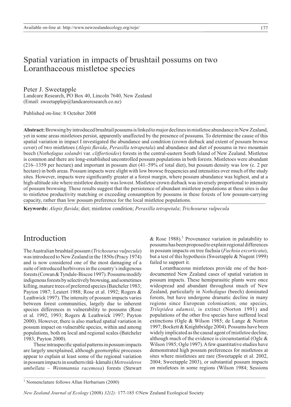 Spatial Variation in Impacts of Brushtail Possums on Two Loranthaceous Mistletoe Species