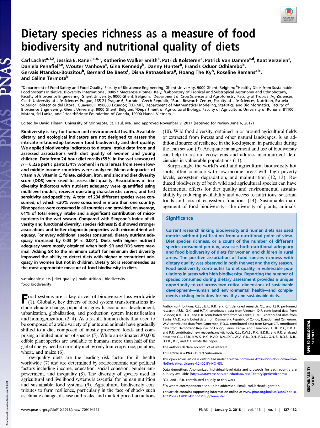 Dietary Species Richness As a Measure of Food Biodiversity and Nutritional Quality of Diets