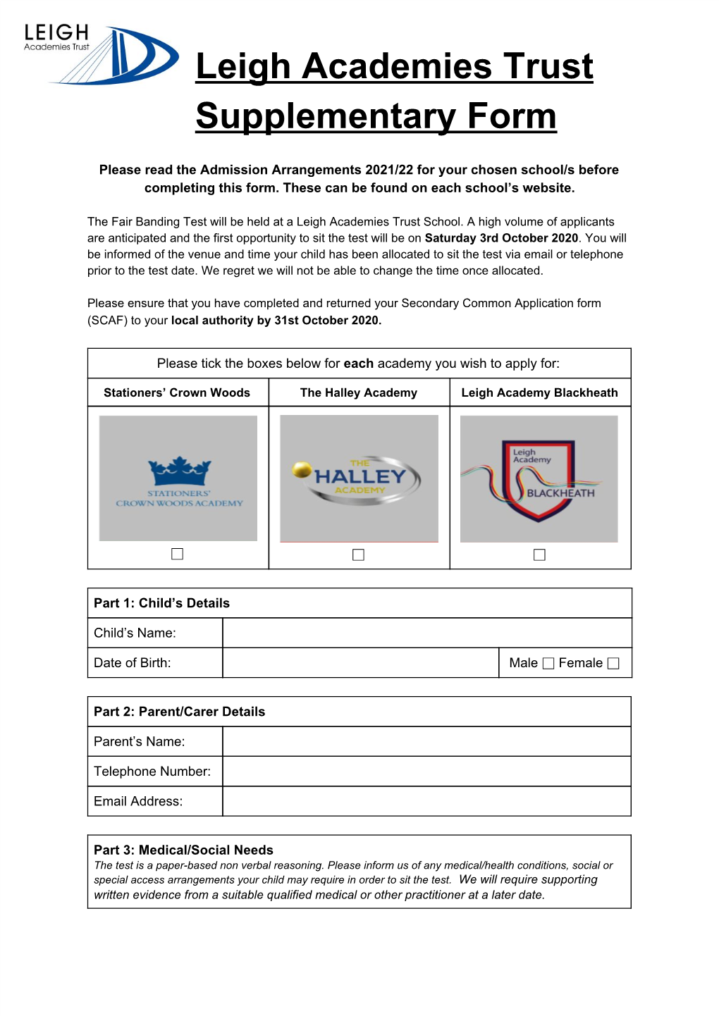 Leigh Academies Trust Supplementary Form