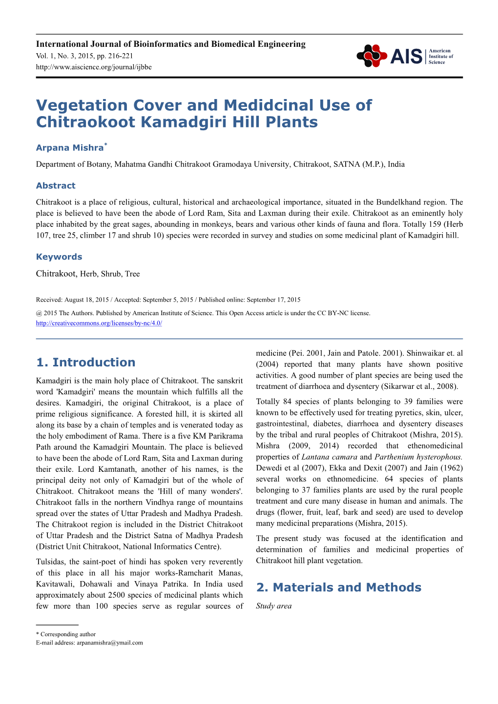 Vegetation Cover and Medidcinal Use of Chitraokoot Kamadgiri Hill Plants