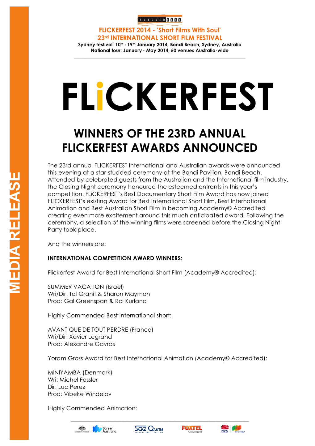 Flickerfest 2014 Awards Press Release