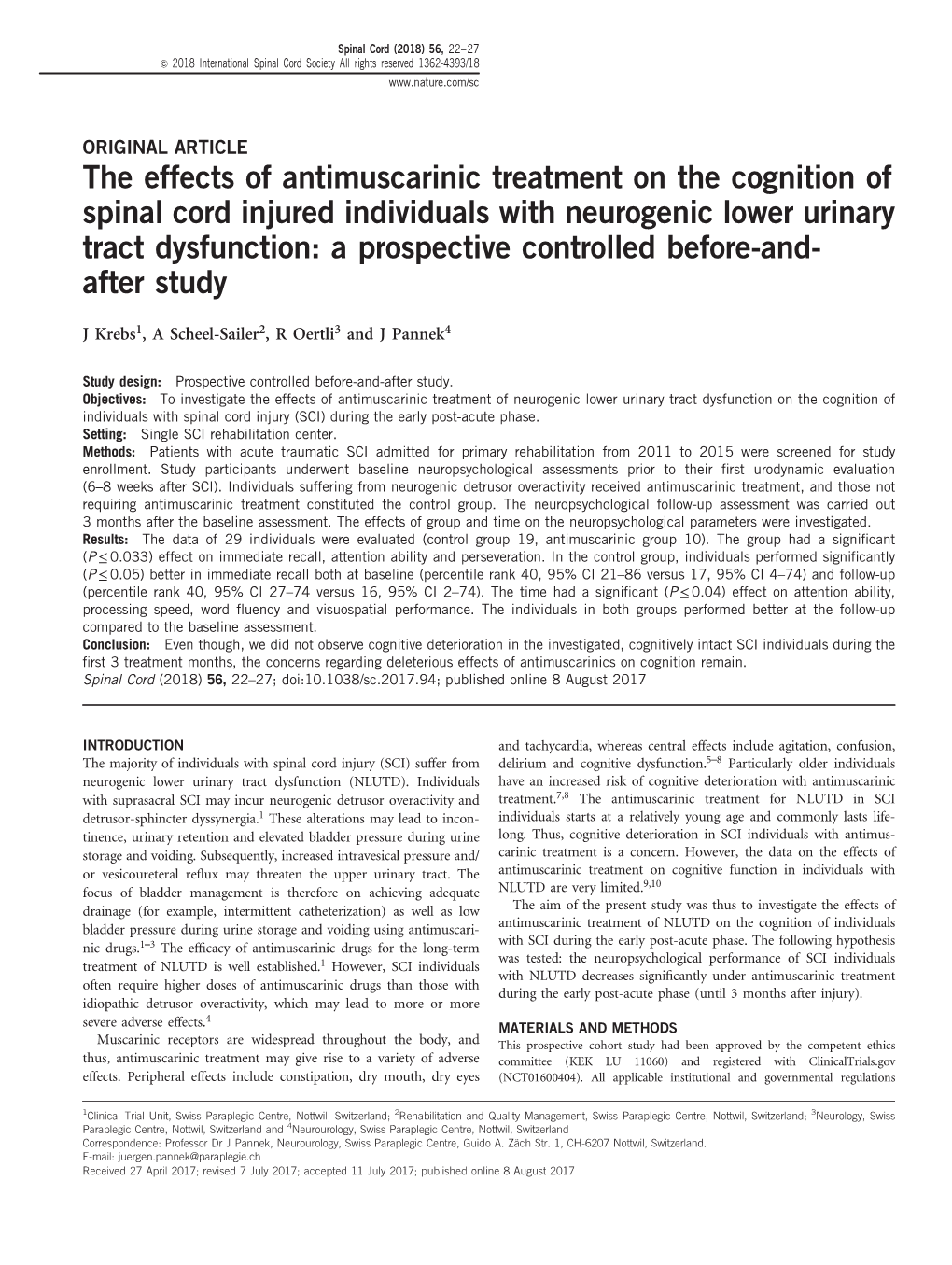 The Effects of Antimuscarinic Treatment on the Cognition of Spinal Cord