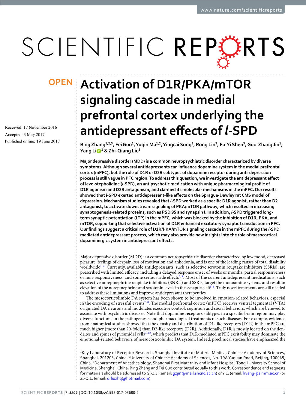Activation of D1R/PKA/Mtor Signaling Cascade in Medial