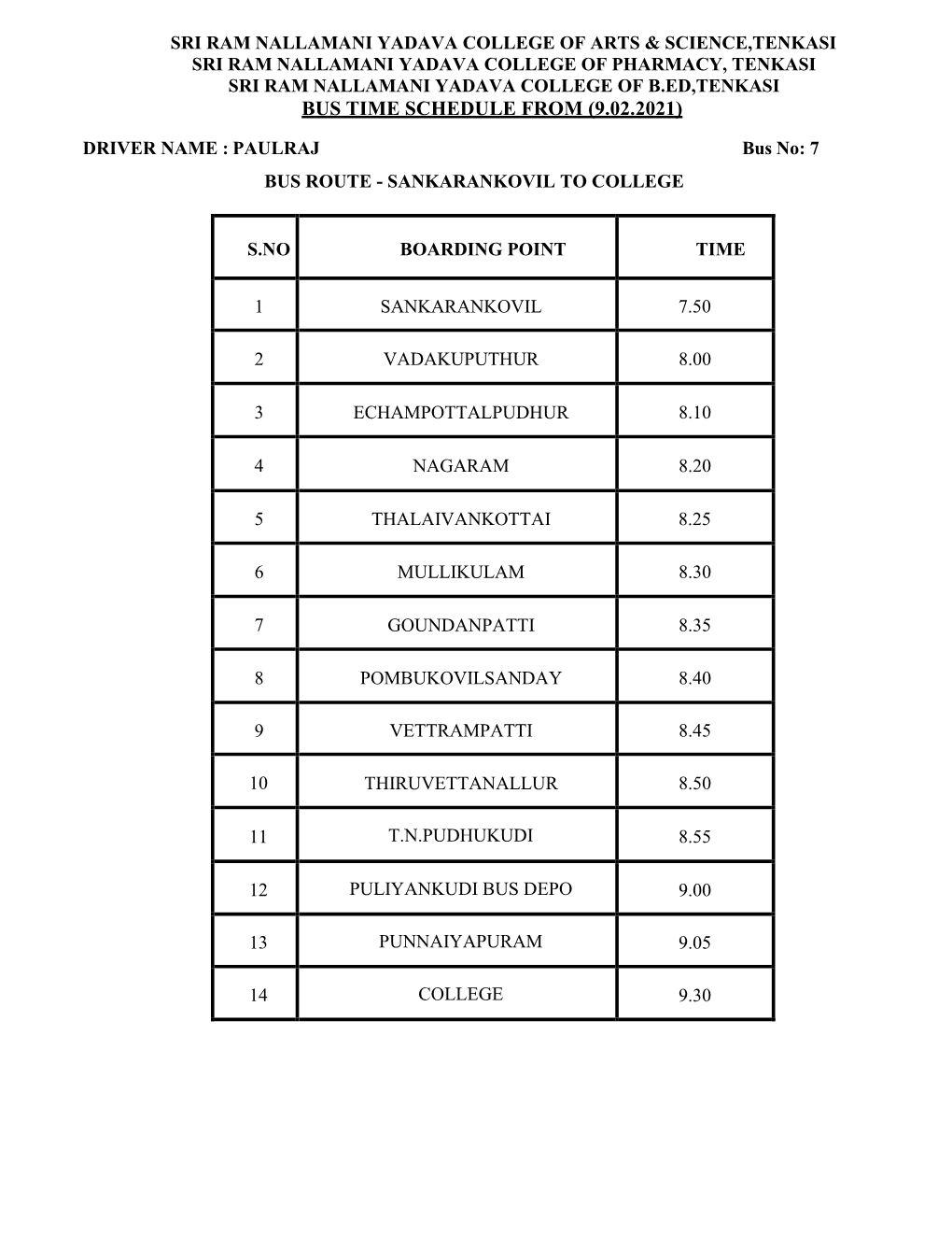 Bus Time Schedule from (9.02.2021)