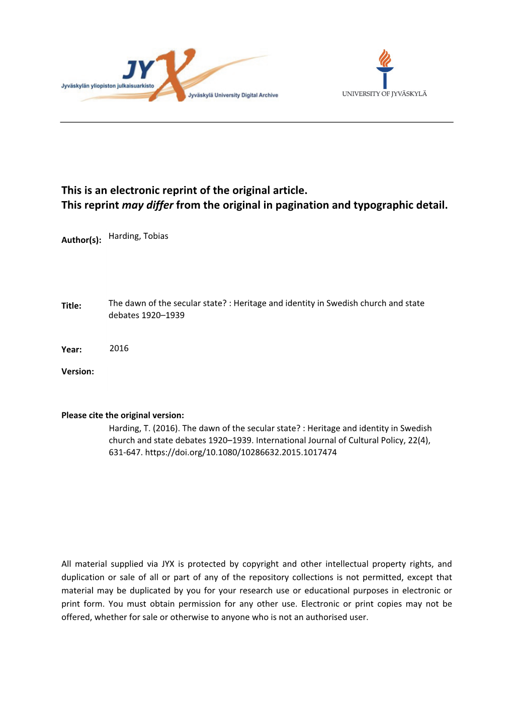 The Dawn of the Secular State? Heritage and Identity in Swedish Church and State Debates 1920–1939