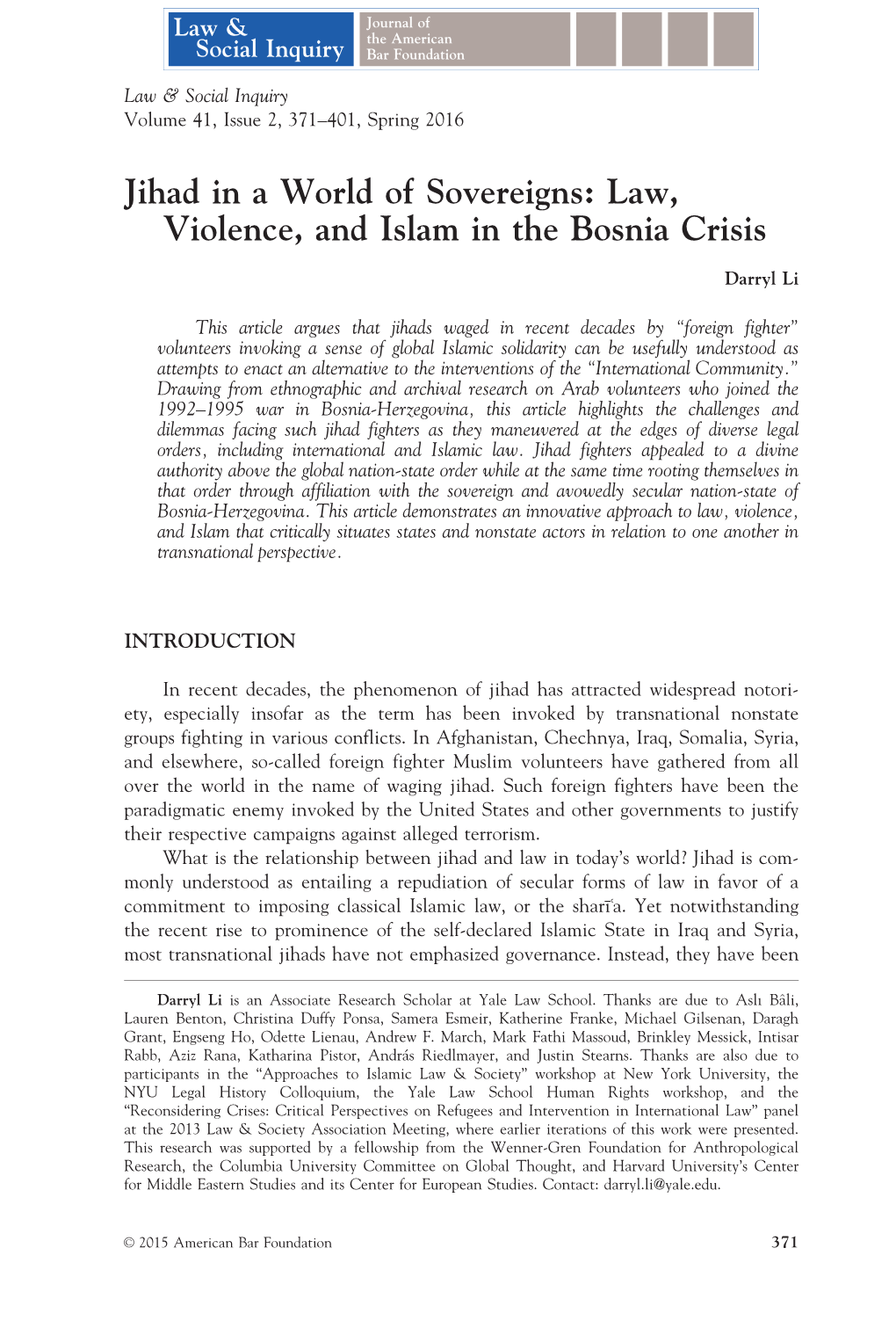 Jihad in a World of Sovereigns: Law, Violence, and Islam in the Bosnia Crisis