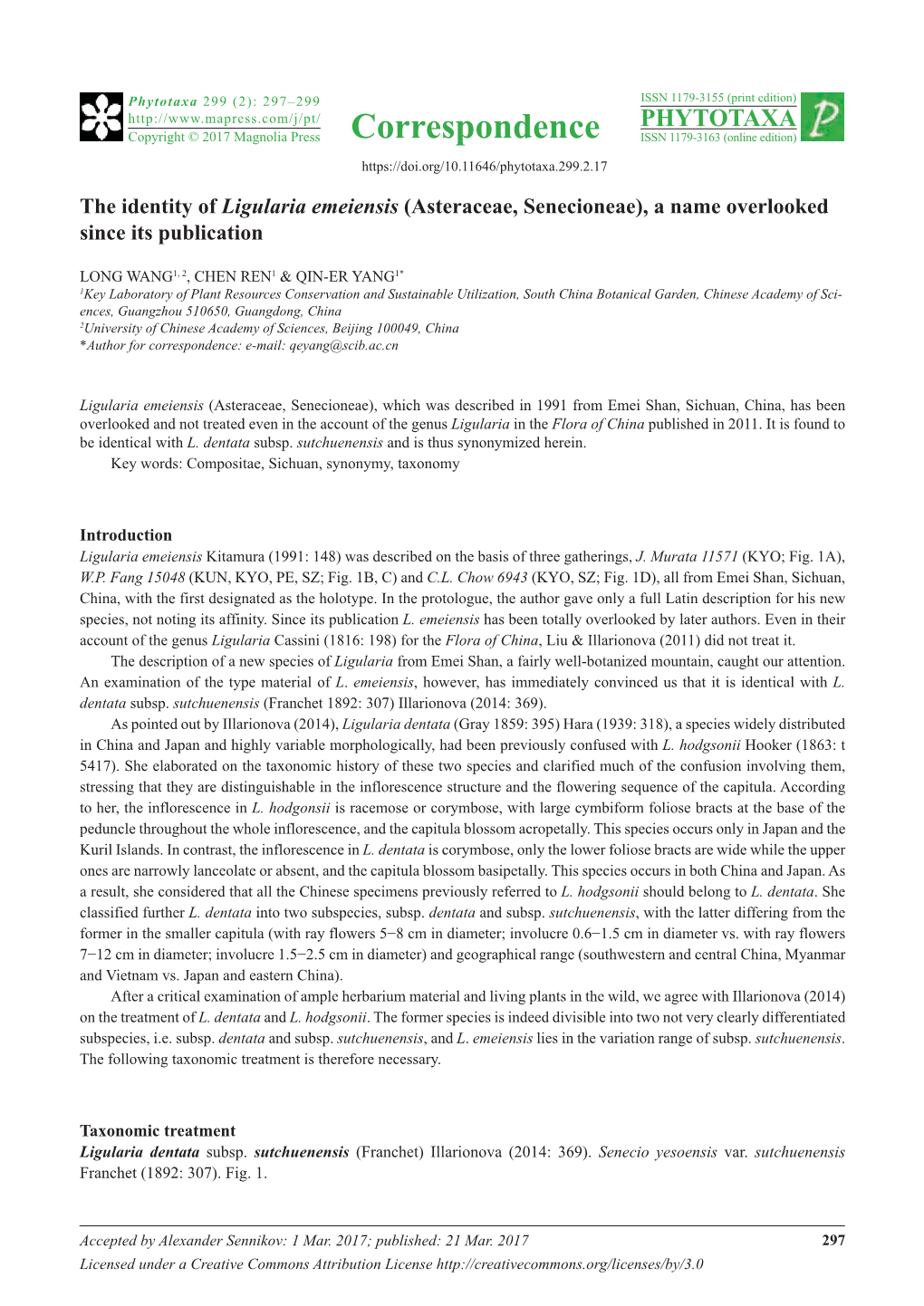 The Identity of Ligularia Emeiensis (Asteraceae, Senecioneae), a Name Overlooked Since Its Publication