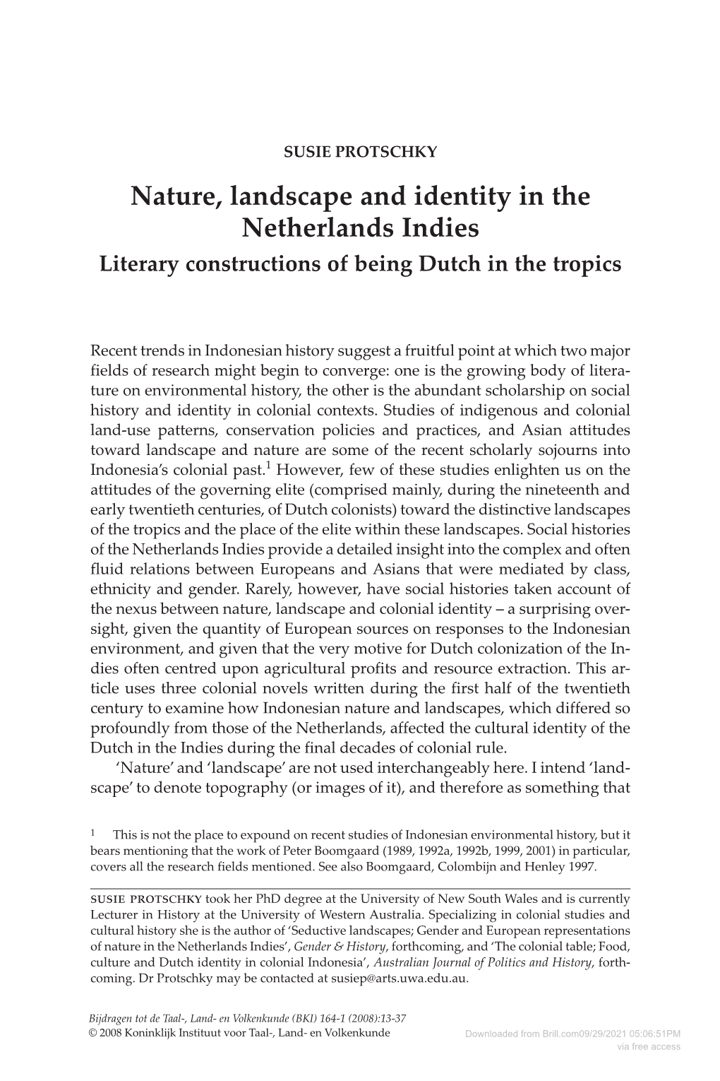 Nature, Landscape and Identity in the Netherlands Indies Literary Constructions of Being Dutch in the Tropics