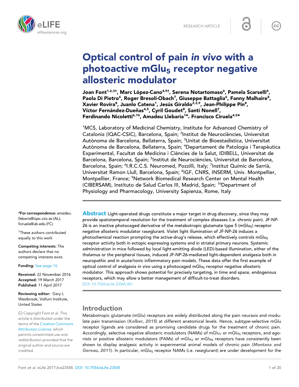 Optical Control of Pain in Vivo with a Photoactive Mglu5 Receptor