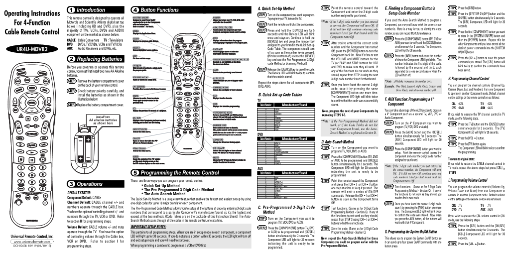 Operating Instructions for 4-Function Cable Remote Control