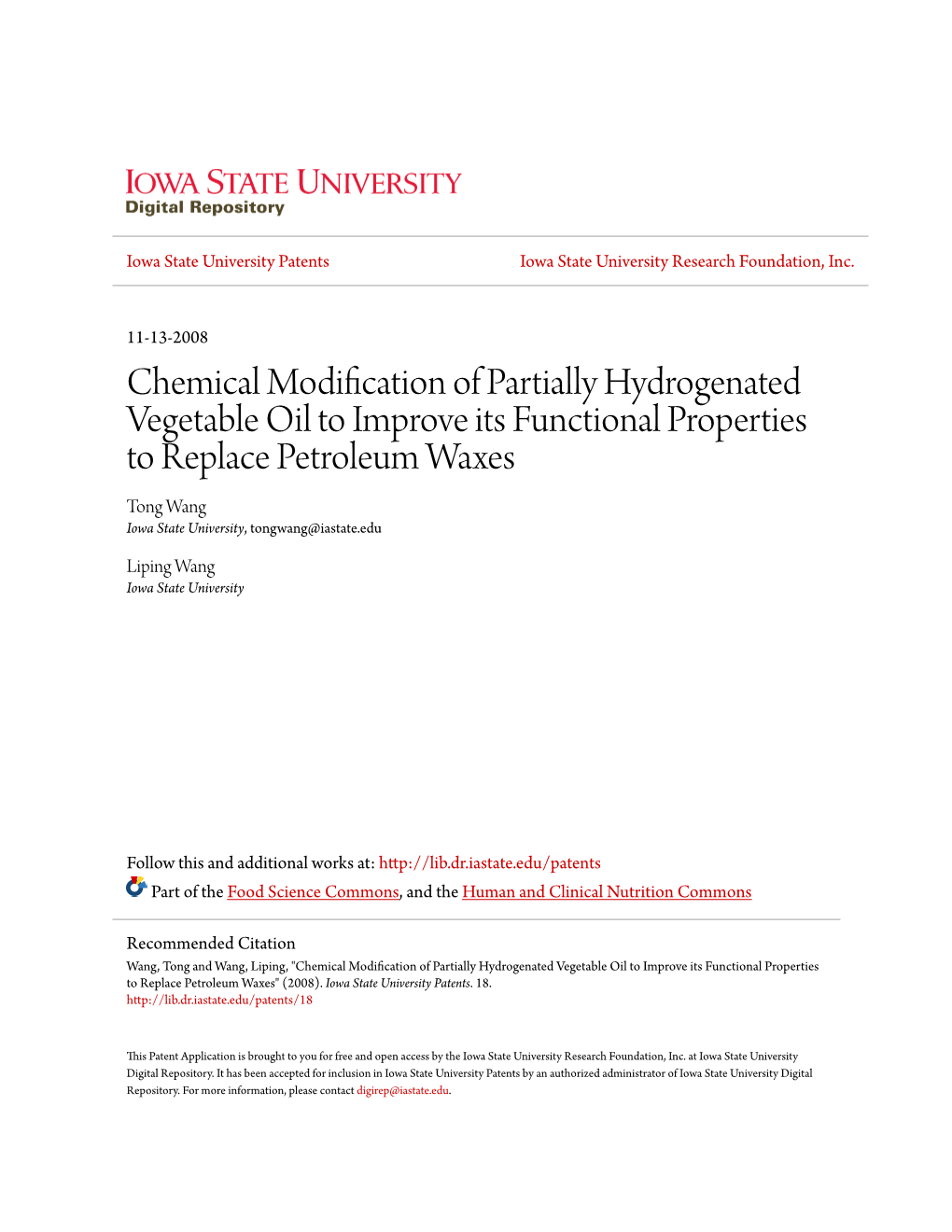 Chemical Modification of Partially Hydrogenated Vegetable Oil To