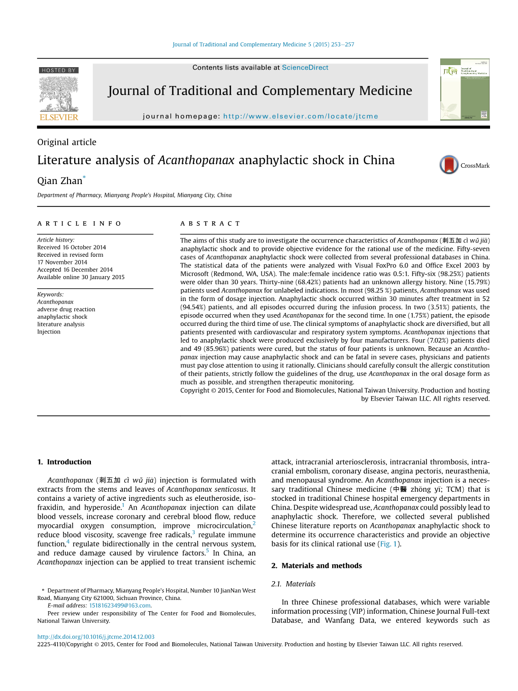 Literature Analysis of Acanthopanax Anaphylactic Shock in China