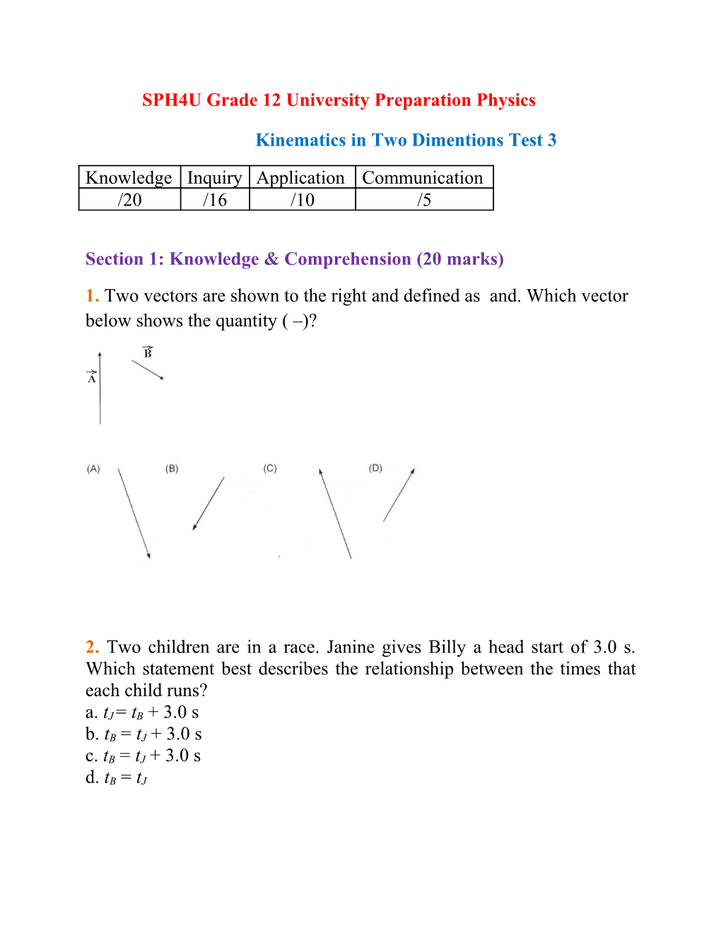 SPH4U Grade 12 University Preparation Physics