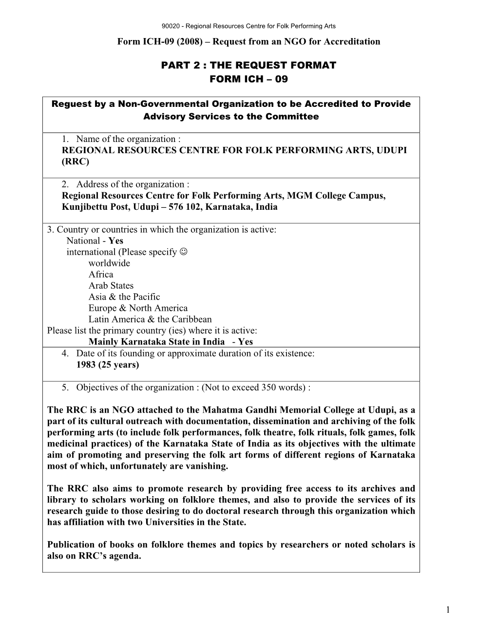 Form ICH-09 (2008) – Request from an NGO for Accreditation